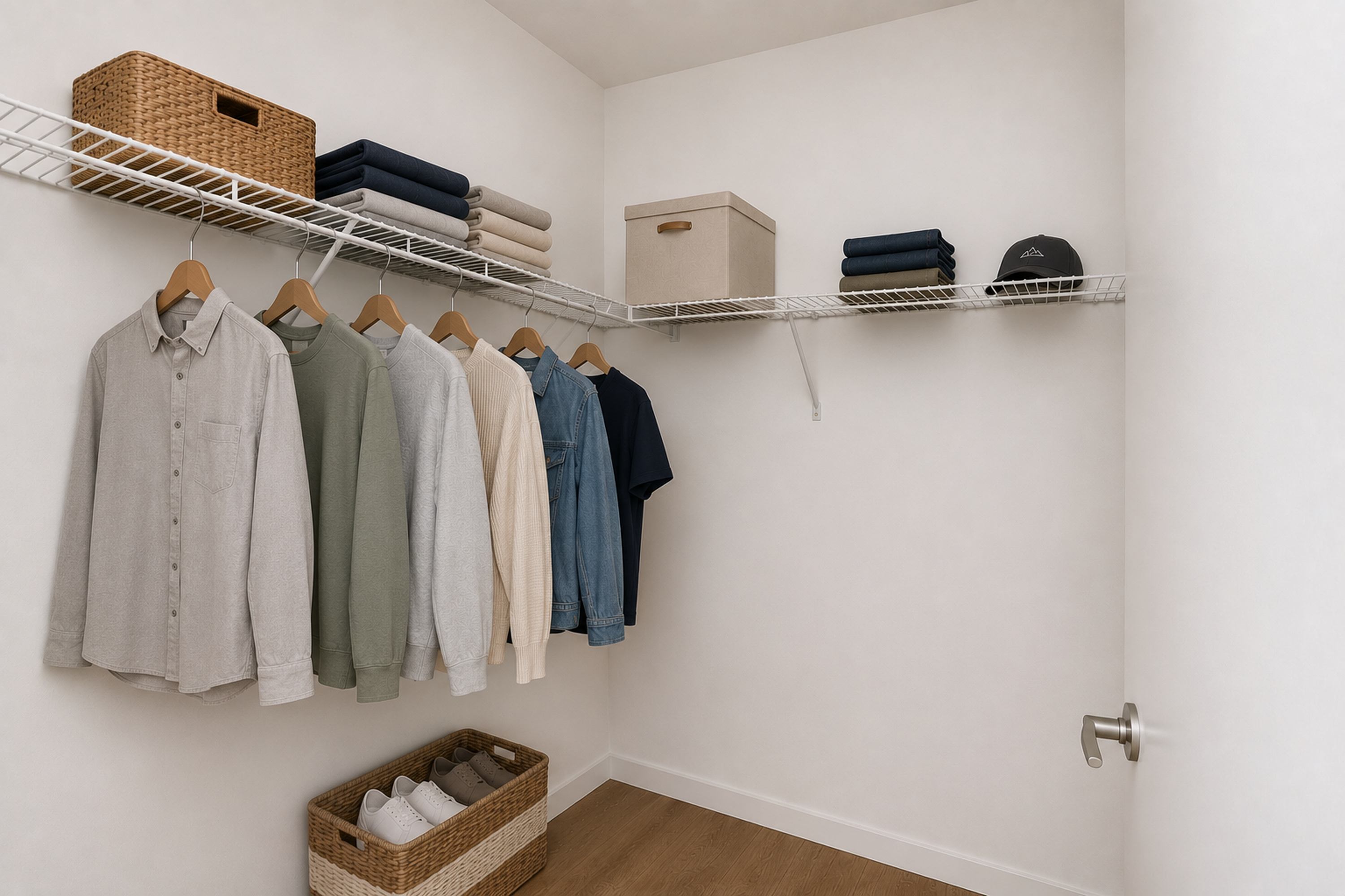 A white closet with clothes hanging and shelves with hats and towels.